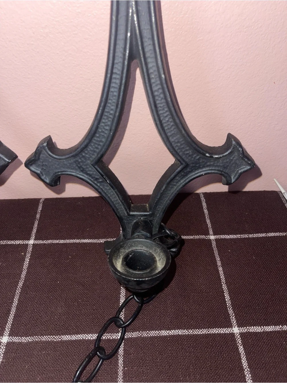 Vintage Gothic Spanish Revival Candle Sconce Pair With Chain
